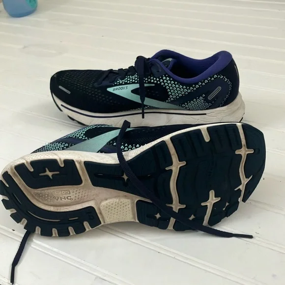 Brooks Ghost 14 Athletic Shoes Navy and Green Mesh Running Footwear - Picture 9 of 11